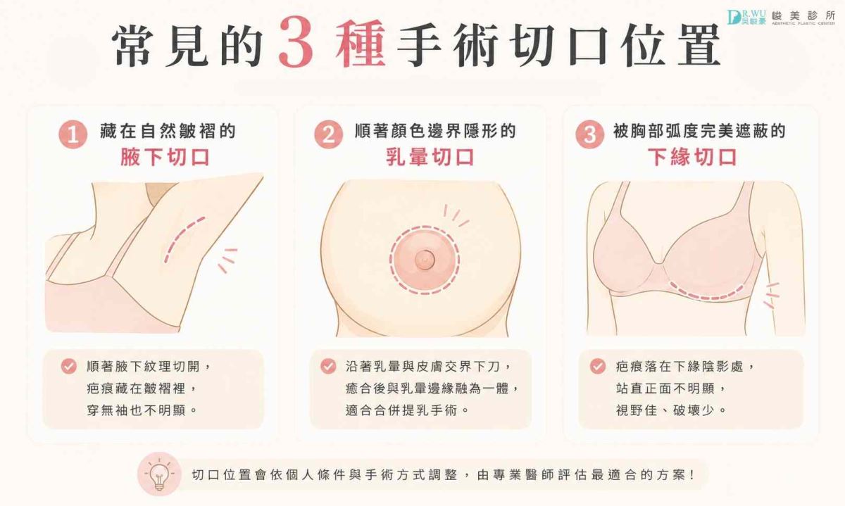 產後隆乳3大隱形切口:腋下切口、乳暈切口與胸部下緣切口圖解