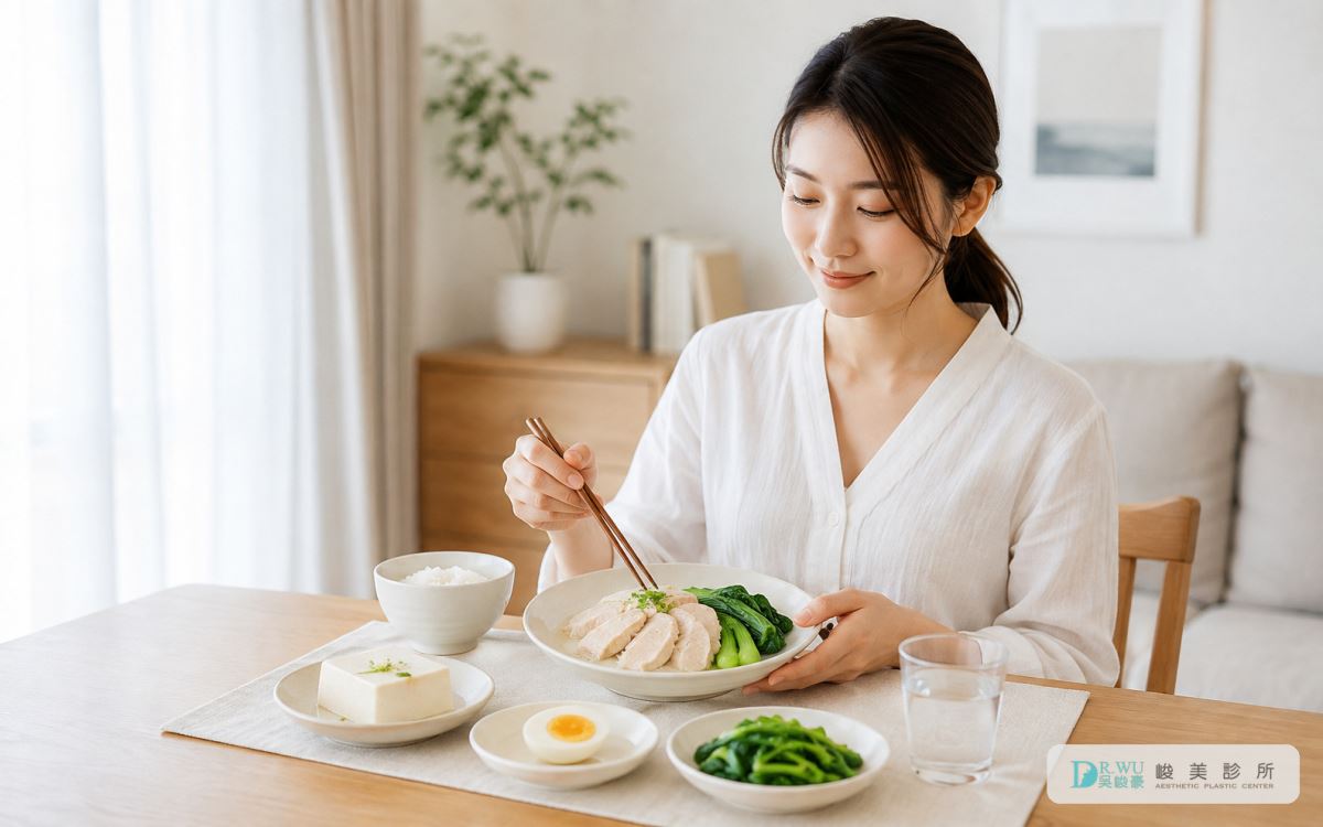 隆乳術後以蛋白質與蔬菜為主的清淡餐點